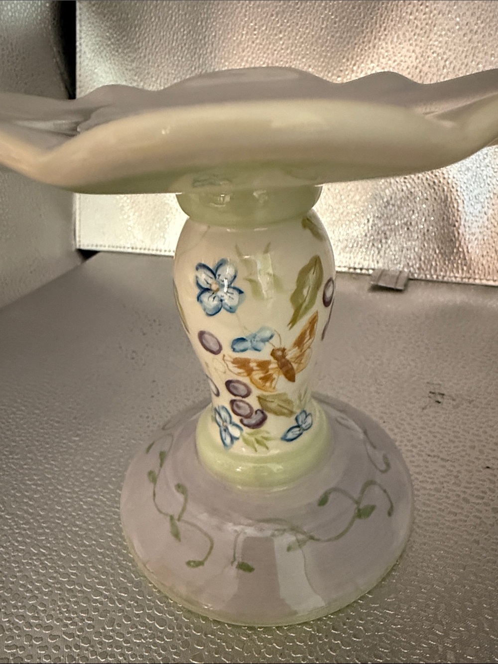 Hand-Painted Floral Ceramic Pillar Candle Holder in Soft Pastels